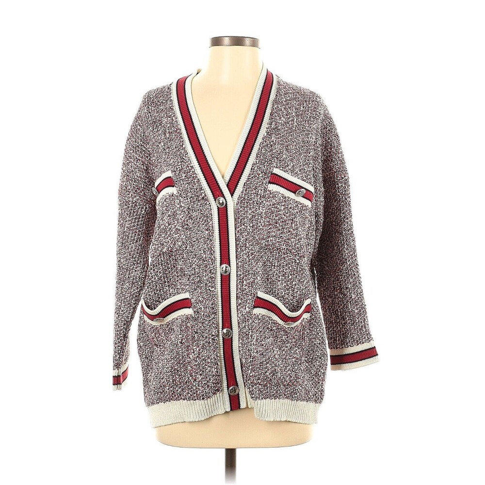 MAJE Mapada Red White Knit Button-Front Tweed Cardigan - 1 (Small)